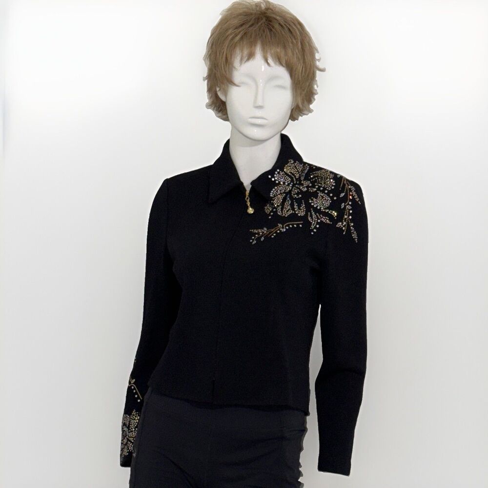Vintage St. John Evening Marie Gray Black Santana Knit Rhinestone Jacket Women 6